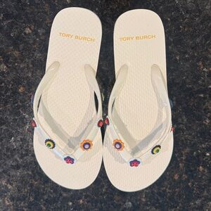 Tory Burch Cream Jelly Flip Flops with Multicolor Flower Charms
